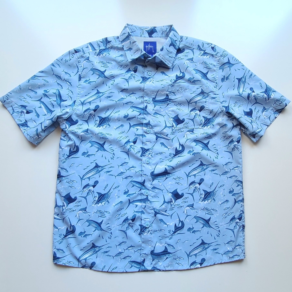 Guy Harvey Mens Size Medium Vented Button Up Short Sleeve Fishing Shirt Marlin